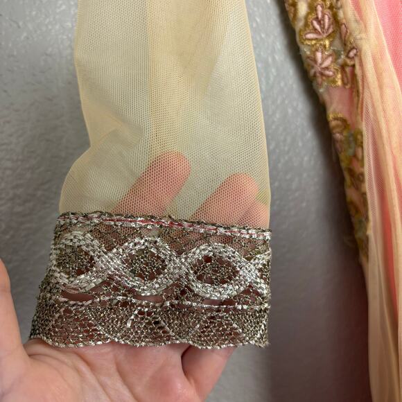 Approx M Pink Gold Embroidered Flowers Floral Anarkali Saree Gown Dress Layered - Picture 9 of 9